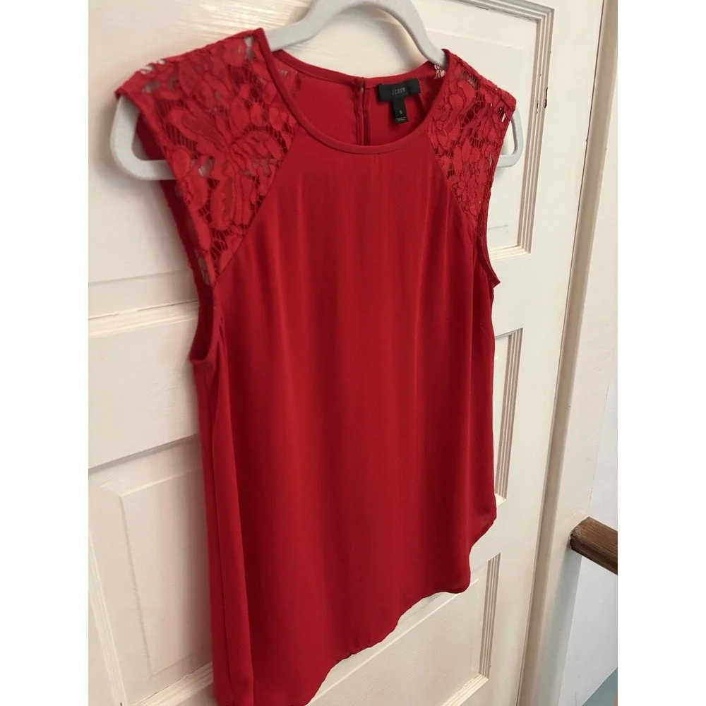 J Crew Women's Red Crew Neck Sleeveless‎ Lace Detailed Blouse Size 0